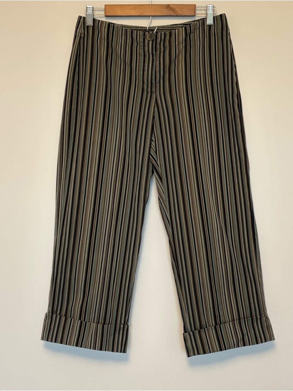 Isda & Co. Cotton Green Tan Striped Cropped Lightweight Comfy Pants Size 6
